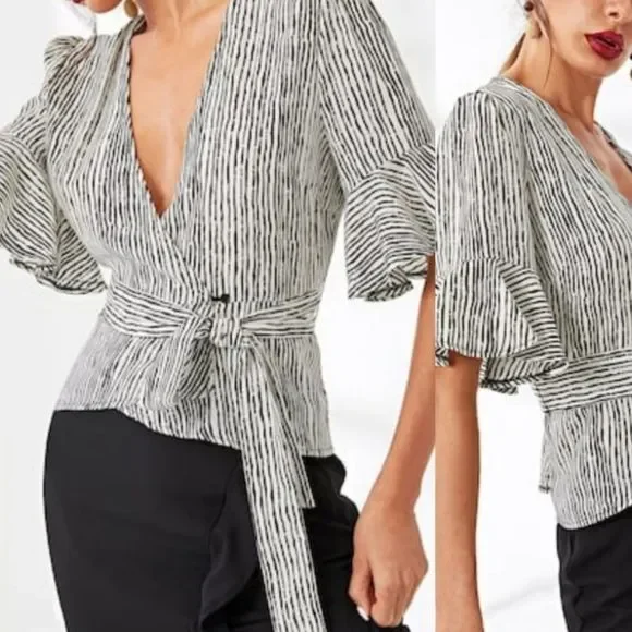 Pinstripe Wrap Tie Waist Blouse - Picture 2 of 6